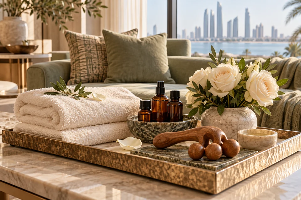 Home beauty ritual with towels, flowers and massage accessories